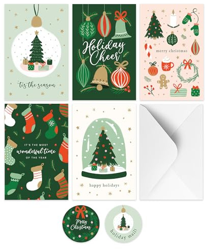 Rileys & Co. Christmas Cards Multipack, 50-Pack Holiday Greeting Cards Set with Envelopes and Stickers, 5 Assorted Designs, Family Christmas Cards Pack, 6x4 Inch Christmas Cards for Family Members