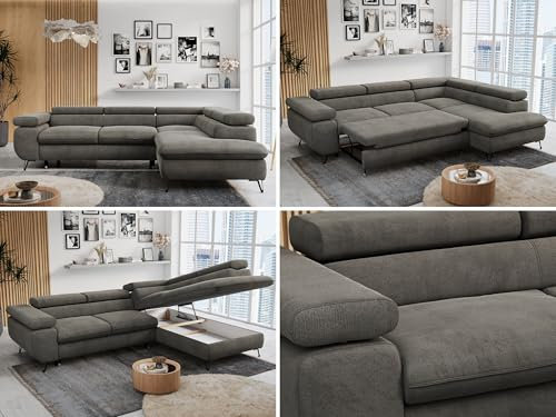 MKS MEBLE Ecksofa Sofa Grau, Wohnlandschaft L-Form mit Schlaffunktion und Bettkasten, Schlafsofa mit Bettkasten, Sofa mit Einstellbare Kopfstützen, Peter L - Dunkelgrau Velvet - Rechts Grau