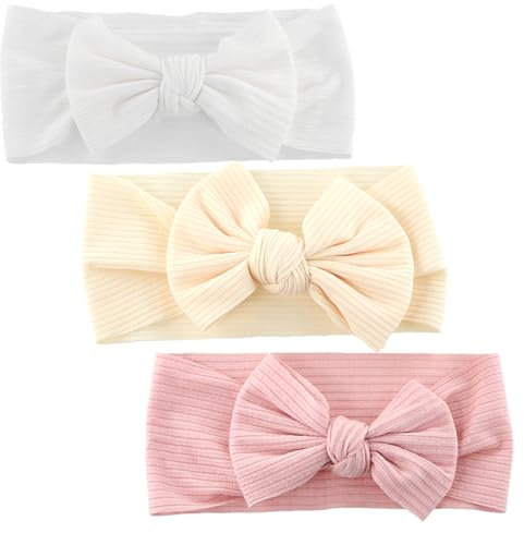 Anseom 3 Pièces Bébé Bandeaux Nouveau-né Nœud Extensible Bande de Cheveux Arc Arc Élastiques Bébé Turban Convient aux Enfants âgés de 0 Mois à 3 ans Blanc Rose Jaune