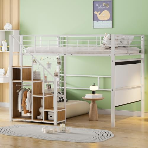 MYBOO Kinderbett Hochbett 140x200, Metallbett Eisenbett mit Rausfallschutz und Lattenrost, Sicherheitsleiter mit Ablagefläche, Etagenbett Jugendbett Funktionsbett Eisenrahmenbett, ohne Matratze, Weiß