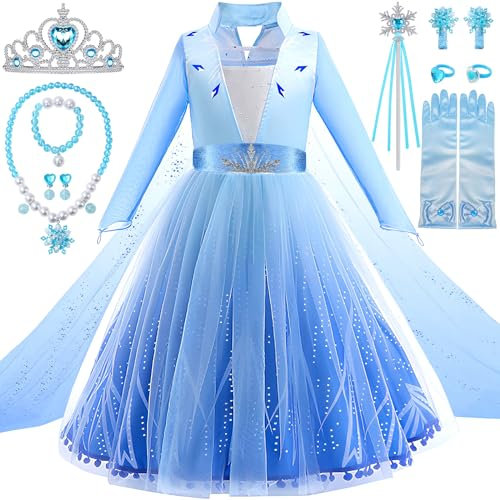 G.C Elsa Prinzessin Kostüm Mädchen Eiskönigin Geschenk mit Elsa Kleid Krone Zauberstab Halskette Handschuhe Frozen Geschenke Halloween Weihnachten Karneval Geburtstag Verkleidung Kinder (110cm)