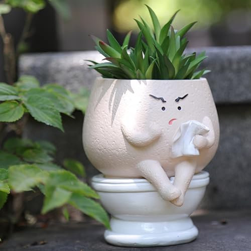 NINIPAPA Funny Face Plant Pots for Indoor Plants, Self Watering Cute Toilet Planter with Drainage for Succulent Flower Pots, Unique Head Planters Gift on Birthday Christmas