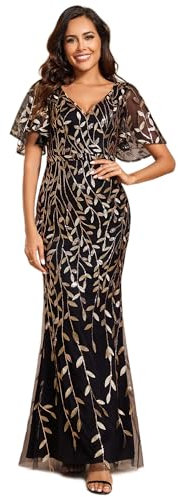 Ever-Pretty Women's Elegant Mermaid Ruffle Sleeve V Neck Shiny Maxi Bridesmaid Dresses Black Gold 20UK