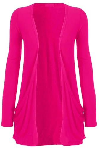 FASHIONISM Cardigan da donna a maniche lunghe con taschino, tinta unita, aperto sul davanti, Fucsia, 52-54