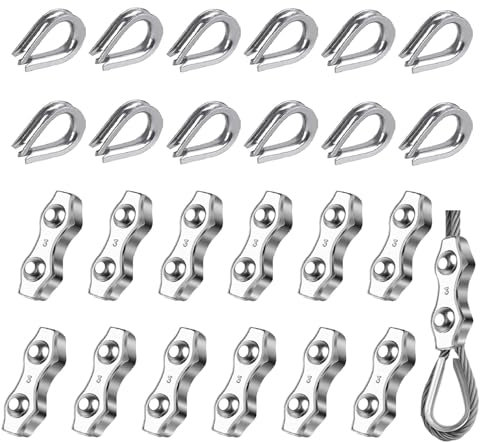 SIGANDG 24 Pièces serre cable acier Pinces De Câble Métallique Duplex En Acier Serre-câble câbles en acier inoxydable Pour la fixation d'auvent de corde à linge(12 * dé à coudre, 12 * clip duplex)