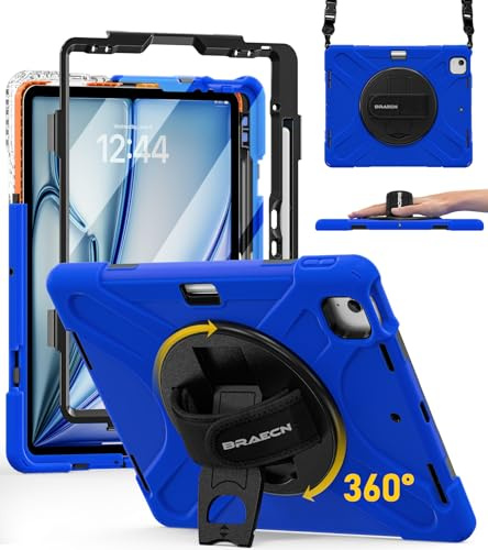 BRAECN Funda para iPad Air 13 Pulgadas - 2026 M4/2025 M3/2024 M2 Azul | Funda Resistente con Protector de Pantalla, Portalápiz, Soporte de Rotación de 360°, Correa de Mano/Hombro, Antichoque