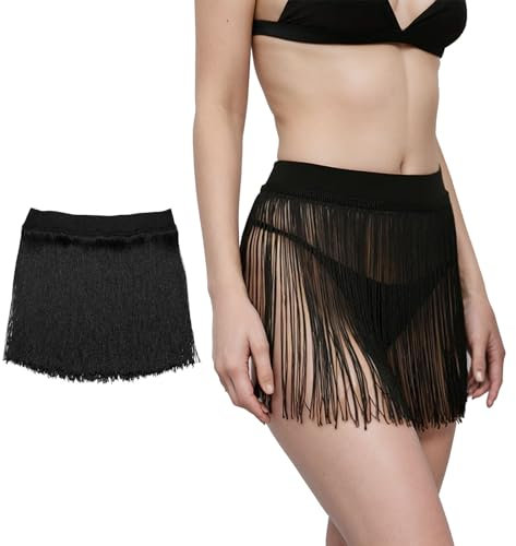 Fransenrock Damen Quastenrock Fransen Röcke Gürtel Elastischer Rave Outfit Festival Damen für Party Outfit Festival Accessoires (DE/NL/SE/PL, Alphanumerisch, L, Regular, Regular, Schwarz)