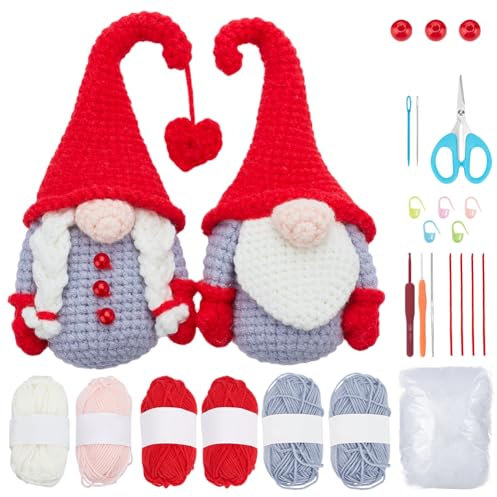 ORIGACH Valentinstag Häkelset für Anfänger Erwachsene, 2 Set Starter Häkeln Valentinstag Liebe Zwerg Kit mit Schritt für Schritt Video Tutorial, Anleitung, Garn, Haken, Zubehör