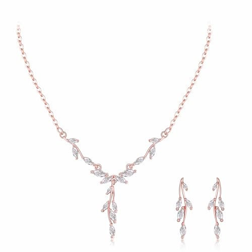 Clearine Wedding Jewellery Sets for Brides Bridesmaid Women, Sparkling Cubic Zirconia Marquise Y Necklace Leaf Drop Dangle Earrings for Prom Party Clear Rose Gold-Tone