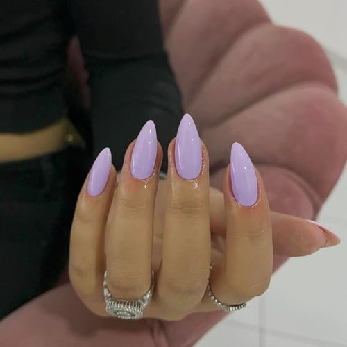 SXVME Lilac False Nails Medium, Acrylic Press on Nails Almond Solid Color Full Cover Fake Nails Medium Stiletto Stick on Nails for Women DIY Nail Art 24 Pcs