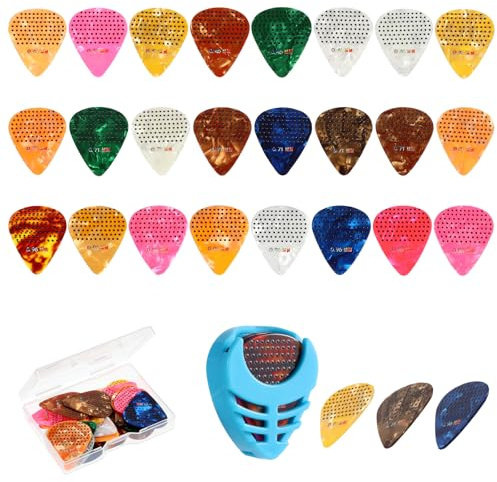 Yuanchu 24pcs Plektren Gitarre, Plektrum mit 0.46/0.71/0.96mm Verschiedene Dicke Zelluloid Gitarren Plektrum mit Plektrumhalter Organizerbox Bunte Guitar Picks für Akustikgitarre E-Guitar Ukulele Bass