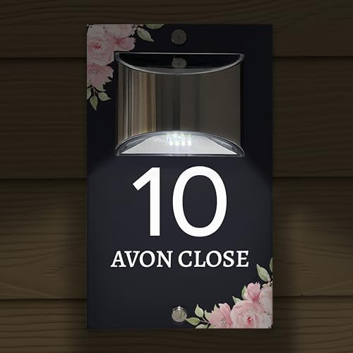 Custom Signs Solar Illuminated Modern Anthracite Grey House Number Sign 24cm x 14.5cm Pink Flowers in Corners Design