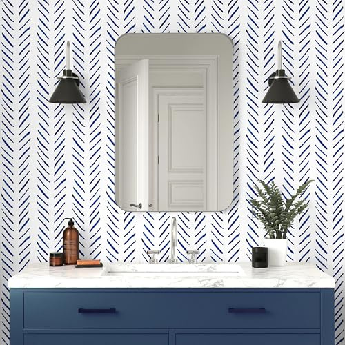 Blue Geometric Wallpaper,44.5 x 500 cm Geometric Peel and Stick Wall paper Stripe Wallpaper Blue and White Self Adhesive Wall paper Self Adhesive Furniture Wrap for Living Room, Bedroom,Bathroom