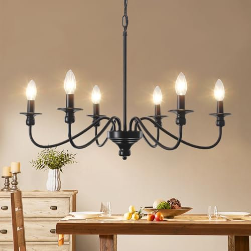 Kronleuchter Schwarz, 6 Flammig Klassisch Kerze Vintage Pendelleuchte Esstisch mit E14 Fassung, Modern Kronleuchter Hängelampe Wohnzimmer Hängend Lampe für Schlafzimmer Küche Flur, Höhenverstellung