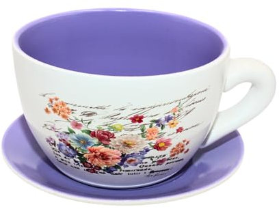 Dekohelden24 Blumentopf, Pflanztasse, Pflanzkübel, Pflanzgefäß, Blumenkübel, Pflanztopf. Übertopf als Tasse mit Griff aus Keramik, Motiv: Lilien, L/B/H 20 x 15 x12 cm.