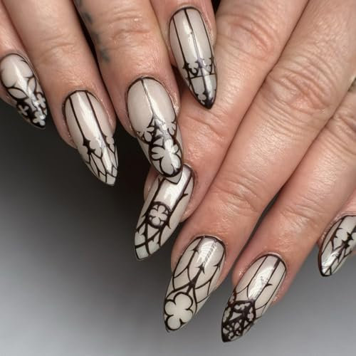 Faux Ongles Court MouyouGlow,Amande Halloween Lumineux Design Noir Gothic Horror Églises en Trèfle Press on Nails avec Colle à Ongles,Black Luminous Fake Nails