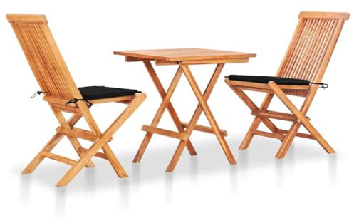 Fasba Teak Massiv Bistroset 3-TLG. mit Schwarzen Kissen Klappbar Gartenset Balkonset Gartenmöbel Balkonmöbel Sitzgruppe Klapptisch Klappstuhl