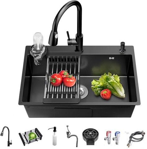 Fregadero Cocina 50 x 43 cm, Fregadero Negro Bajo Encimera, Acero Inoxidable, Con Accesorios de Drenaje y Escurreplatos, Ideal Para Cocinas Pequeñas, Bares o Lavaderos (50x43cm)