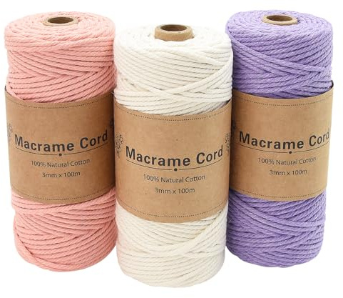 Coriver 3 Stück Makramee Garn, 3mm x 100m Macrame Cord, Makramee Schnur, Makrameegarn Kordel, Makramee Starter Set für DIY Handwerk Weben Dekoration Hängepflanze Pflanze Aufhänger (5. Lila+Rosa+Beige)