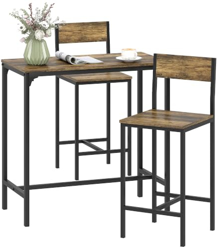 HOMCOM 3-Piece Bar Table and Stools Set Footrest, Backrest, Rustic Brown | Industrial Breakfast Bar Set, Metal Frame, Kitchen High Table and 2 Chairs, Dining Room, Small Space
