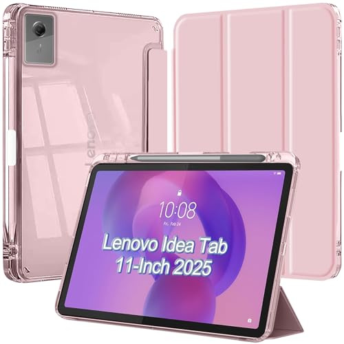 Coque Folio pour Lenovo Idea Tab 11 Pouces 2025 TB-336ZU TB-336FU /K11 Gen 2 Tablette avec Pen Porte-Stylet, Étui Housse Arrière Clair Transparente Support Fine Antichoc, Rose
