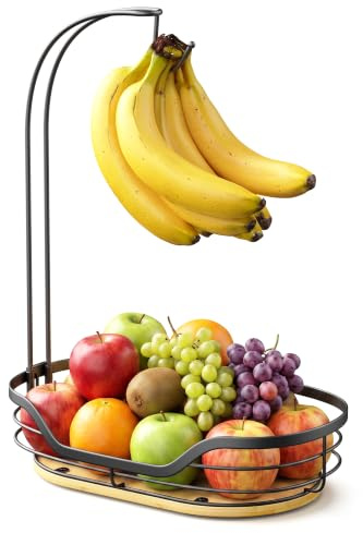 Dvocel Obstkorb mit Bananenhalter Obstschale Metall mit Bambusboden Früchtekorb für Küche Arbeitsplatte & Tisch Moderner Obstständer für Obst, Gemüse, Brot & Snacks, Obstkorb Schwarz