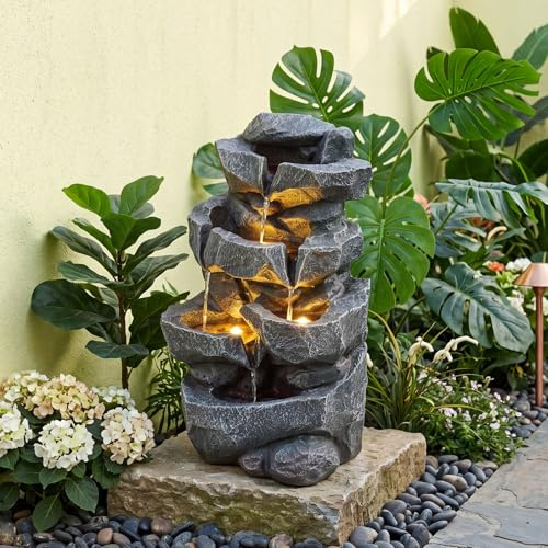 COSTWAY 5-stufiger Springbrunnen, Gartenbrunnen mit LED Beleuchtung & Pumpe, Kaskadenbrunnen Stein Optik, Zimmerbrunnen für draußen, Wasserfall Brunnen für Garten Terrasse Balkon, 29,5x21x47 cm, Grau