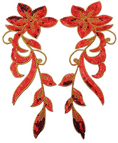 (Pack of 2) Dancing Orchid Flowers Embroidered Iron on Patches Sequin Appliques for Neckline Clothing Garment Embellishment(Red)