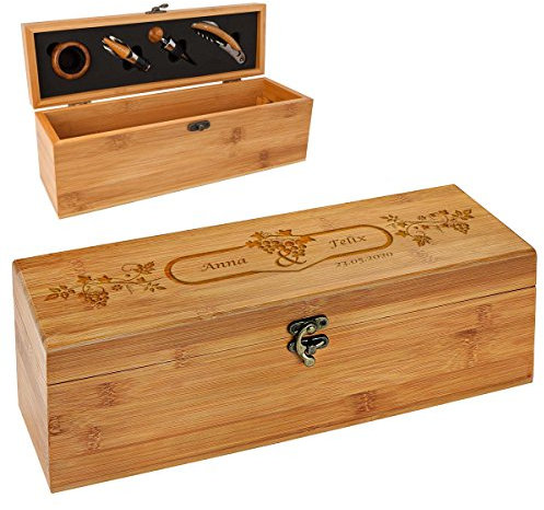 polar-effekt Personalisierte Holzbox mit Gravur - 5-teiliges Sommelier Set - Bambus Geschenkbox für Weinflasche - Weinkiste Geschenk zum Geburtstag - Motiv Hochzeitstraum mit Wein