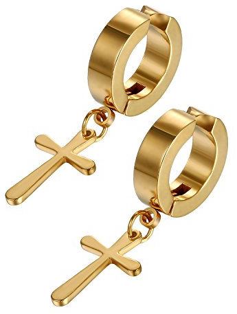 JewelryWe Schmuck Unisex Creolen Ohrringe Edelstahl Kreuz Ohrhänger ohne Loch Fake Ohrstecker Ohrclips Klappcreolen Huggie, Gold