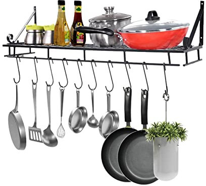 Kitchen Pot and Pan Rack Wall Mounted Storage with 10 Hooks Fitting Accessories for Kitchen Balcony Bathroom 90 Cm