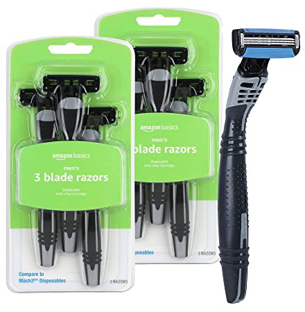 Amazon Basics 3-Blade Disposable Razors for Men, Close and Comfortable Shave, Reduces Irritation, 6 Count, 2 Packs of 3 (Previously Solimo)
