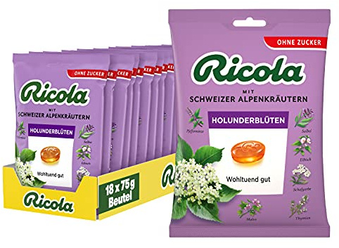 Ricola Holunderblüten, Schweizer Kräuterbonbon, 18 x 75g Beutel, ohne Zucker, Wohltuend und erfrischender Genuss