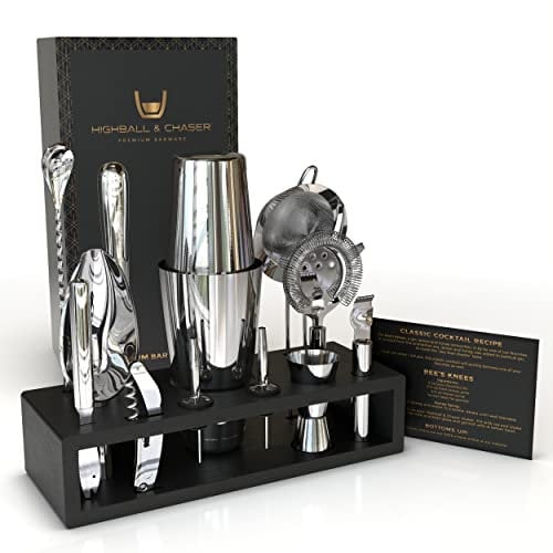 Highball & Chaser Bartender Kit Juego de coctelera con soporte negro y juego de mezcla de bebidas juego de herramientas de barra de mixología mejores accesorios de barra y utensilios bar (plata) 2 oz