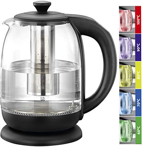 MELISSA 16130305 LED Tee-Glaswasserkocher,1,70 Liter,Tee-Glas Wasserkocher,LED Beleuchtung,2000 Watt,Tee-Sieb,Temperatureinstellung, 60°, 70°, 80°, 90° und 100° Grad,unterschiedliche LED Lichtfarben,