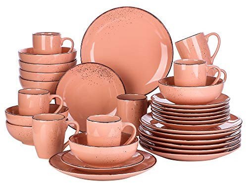 vancasso Serie Navia Jardin Vajillas de 32 pcs, Juego de Vajillas, Platos de Cena, Postre, Cuencos y Tazas, Esmaltada Gres Vajillas Retro para 8 Personas Rosa