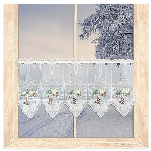 atelier alles-Spitze Hochwertige Winter-Scheibengardine Futterkrippe mit Hase | Halbtransparenter Kurzstore mit Vogtländischer Stickerei in weiß, braun, grün und Gold | Höhe x Breite 35 x 80 cm