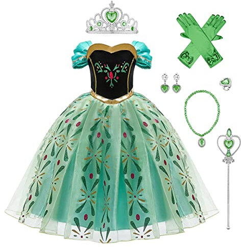 IWEMEK Mädchen Eiskönigin Kostüm Kinder Prinzessin Anna Kleid mit Zubehör Cosplay Karneval Verkleidung Halloween Partykleid Weihnachten Geburtstags Festkleid Kleidungsset Outfits Grün Set 4-5 Jahre
