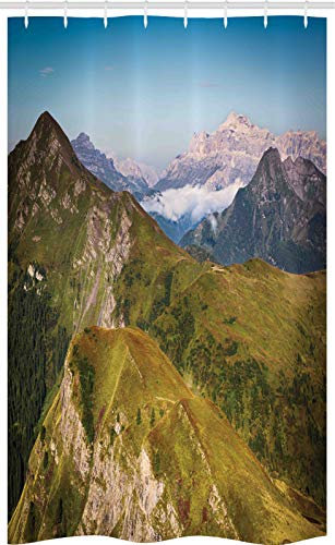 ABAKUHAUS Draussen Schmaler Duschvorhang, Berge Landschaft Peaks, Badezimmer Deko Set aus Stoff mit Haken, 120 x 180 cm, Grün blau