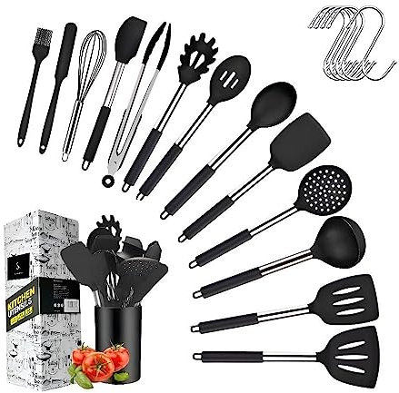 SJ TRADERS Kitchen Utensil Set, Novelty Birthday Gifts for Her, Silicone Cooking Utensils with Holder, Non-Scratch Spatula Set, Non-Stick & Heat Resistant Cookware Tool (Black Silicone, 15 Pcs Set)