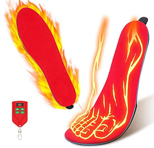 APJJ Thermische Einlegesohlen Mit Fernbedienung, Beheizbare Einlegesohlen Für Frauen Und Männer, 3 Stufen Temperatureinstellung Beheizte Einlegesohlen Zum Wandern,Rot,L