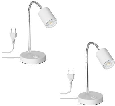 ledscom.de 2 Stück Tischleuchte WAIKA mit Schwanenhals und Schalter weiß matt, inkl. GU10 LED Lampe (warmweiß, 5,4W, 510lm, 45°)