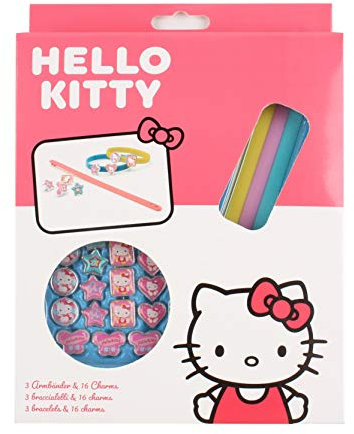 Joy Toy Hello Kitty 3 Plastikarmbänder mit 18 Charms zum Anmachen in Geschenkverpackung - 15x2,5x20 cm
