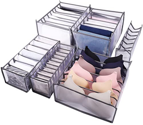 RosewineC 6 Pcs Clothes Drawer Organizer,Wardrobe Clothes Organiser,Foldable Dividers Underwear Storage For Socks Shirts Thin Tops Bras and Underpants Mesh(Grey)