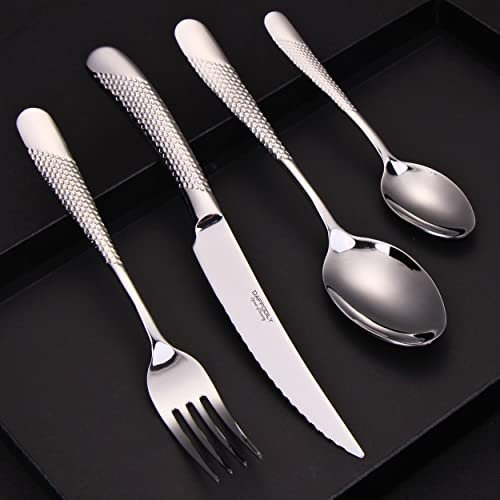 DAFFODILY | Couverts de table, Ménagère. cuillères, couteaux et fourchette | Service de table acier inoxydable 18/10. (16 PC-Argente)