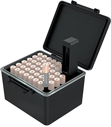 JJC 44 Slots AAA Battery Organiser Storage Case with Battery Tester, Water-Resistant Hard Holder Batteries Organizer with Detachable Battery Checker Holds 44 AAA Batteries