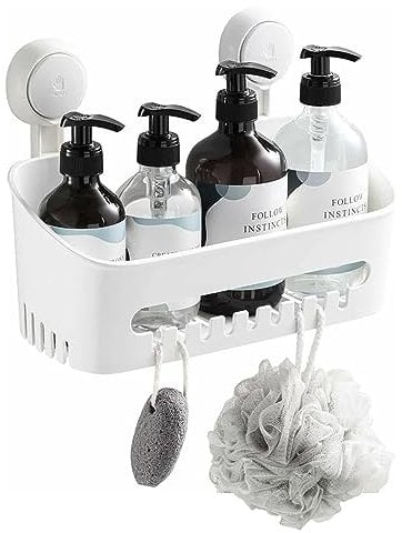 Zuvo Cesta de ducha con ventosa, sin taladros y adhesiva, el mejor organizador de ducha en accesorios de baño para jabón, champú, cepillo de dientes, estante blanco y ventosas