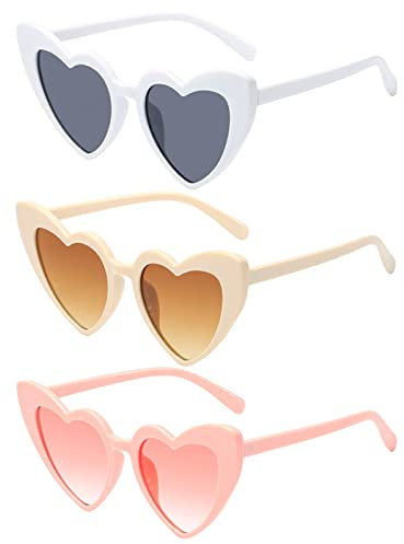 3 Pezzi Occhiali da Sole Cuore Donna, Vintage Heart Occhiali Retrò Festival Occhiali occhio di gatto per Donne Uomini Bambini Forniture per Festa Regali di Matrimonio Compleanno (Beige/Rosa/Bianco)