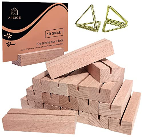 AFEIGE 18 Stück Kartenhalter Holz ● Tischkartenhalter Holz ● Menükartenhalter ● Tischkarte Inhaber als Fotoständer, Post kartenhalter und Kartenständer. (10cm x 3cm x 2cm)