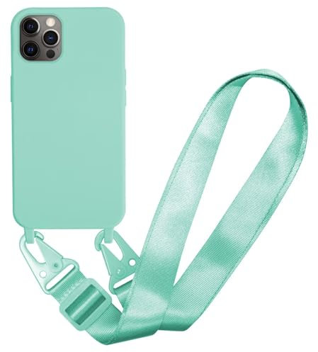 MBSLFY Case Compatible with iPhone 12 Pro Max, Liquid Silicone Protective Phone Case with Strap Adjustable Neck Cord Necklace Soft Cover for iPhone 12 Pro Max, Mint green